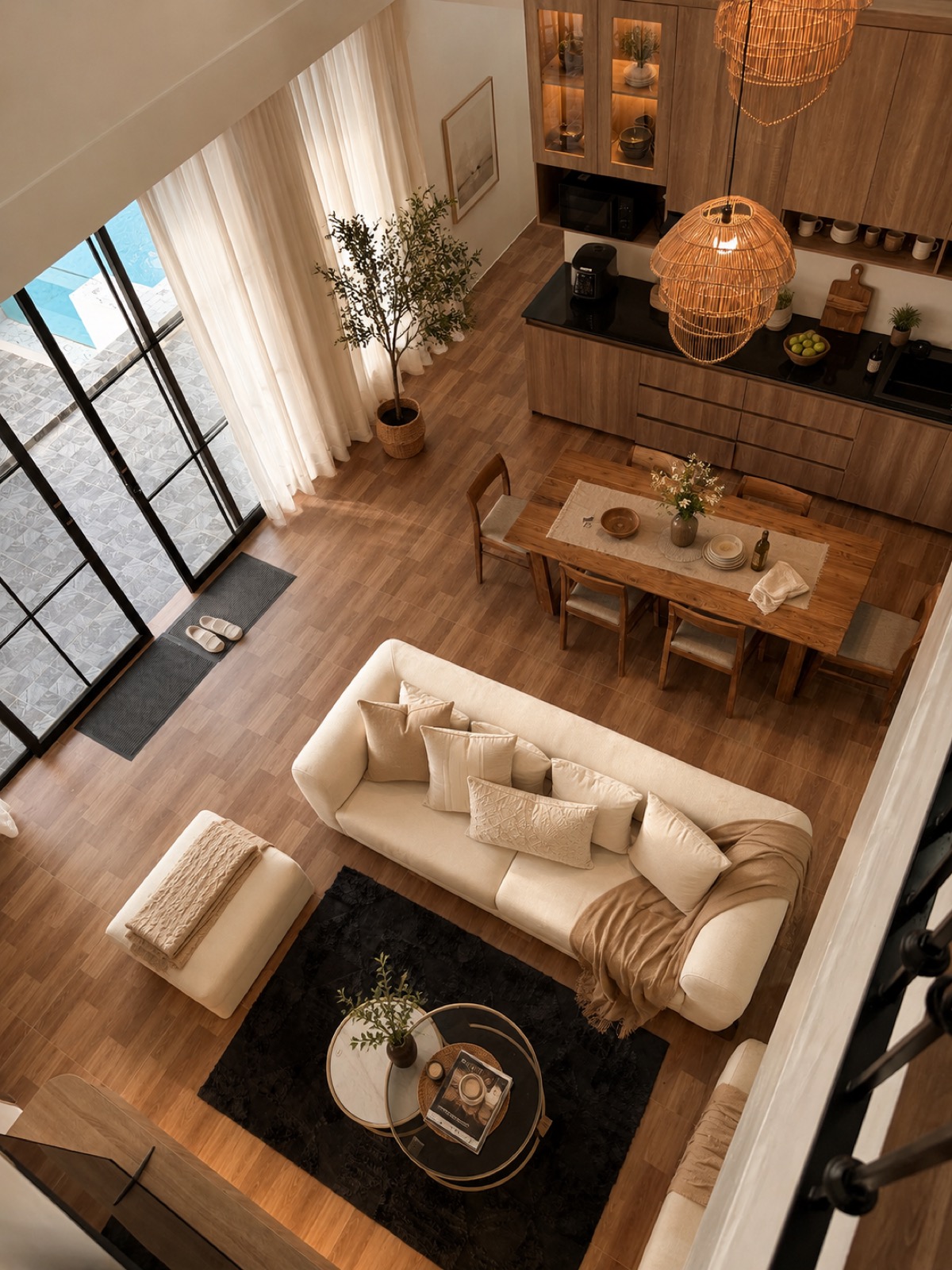 Open-plan living and dining space, aerial view