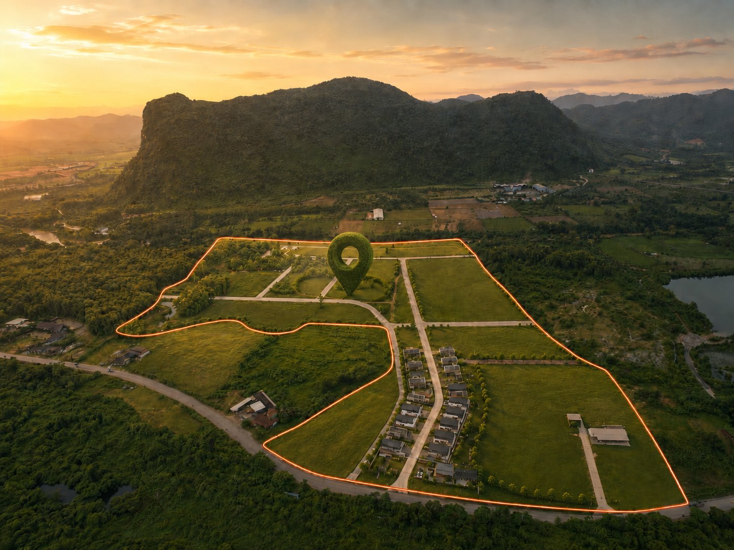 Aerial view of the Phaview development at sunset, with the site boundary outlined