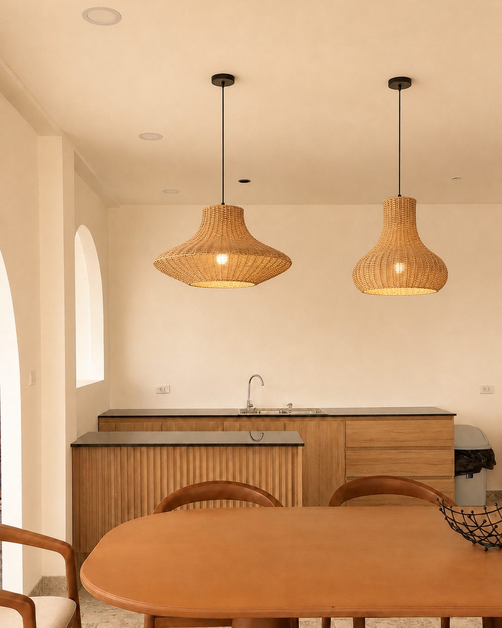 Kitchen counter under woven rattan pendant lights