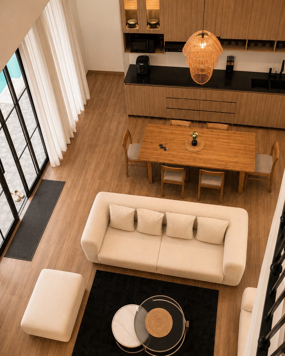Living room and kitchen seen from the upstairs landing