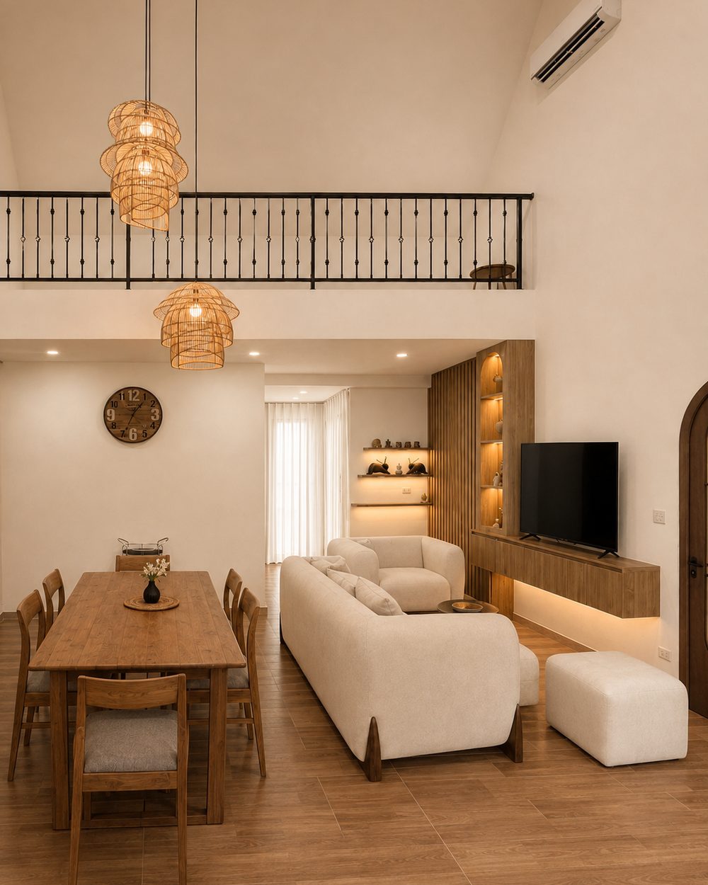 Double-height living room with mezzanine landing