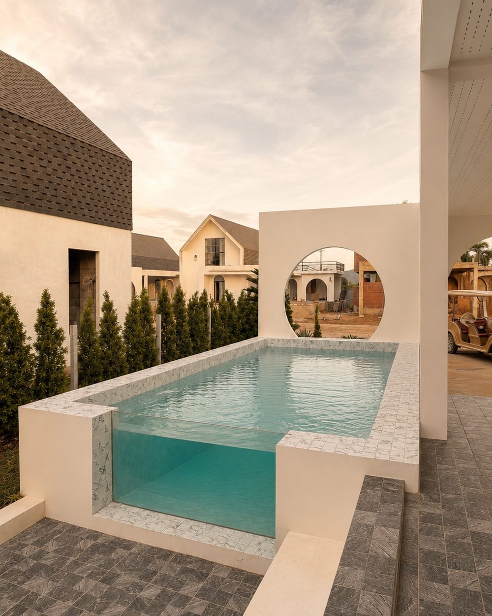 Glass-walled swimming pool at dusk