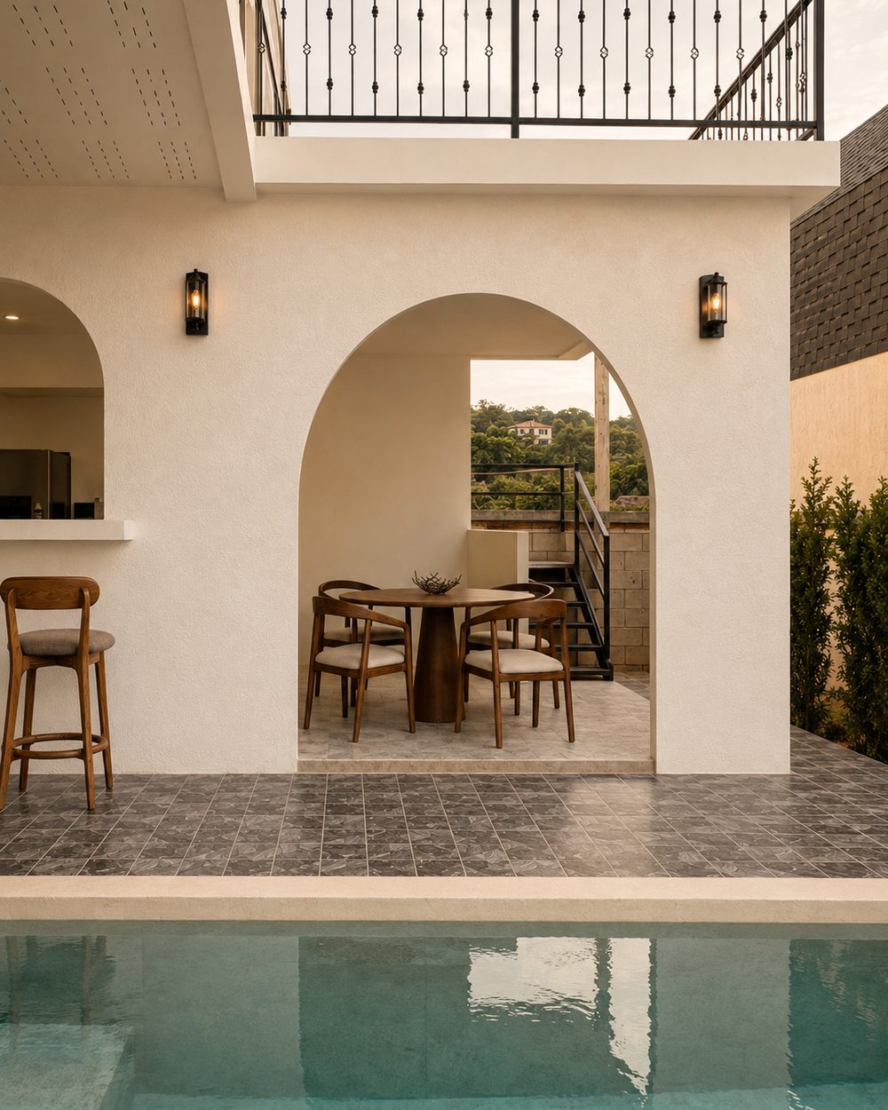 Arched poolside dining terrace